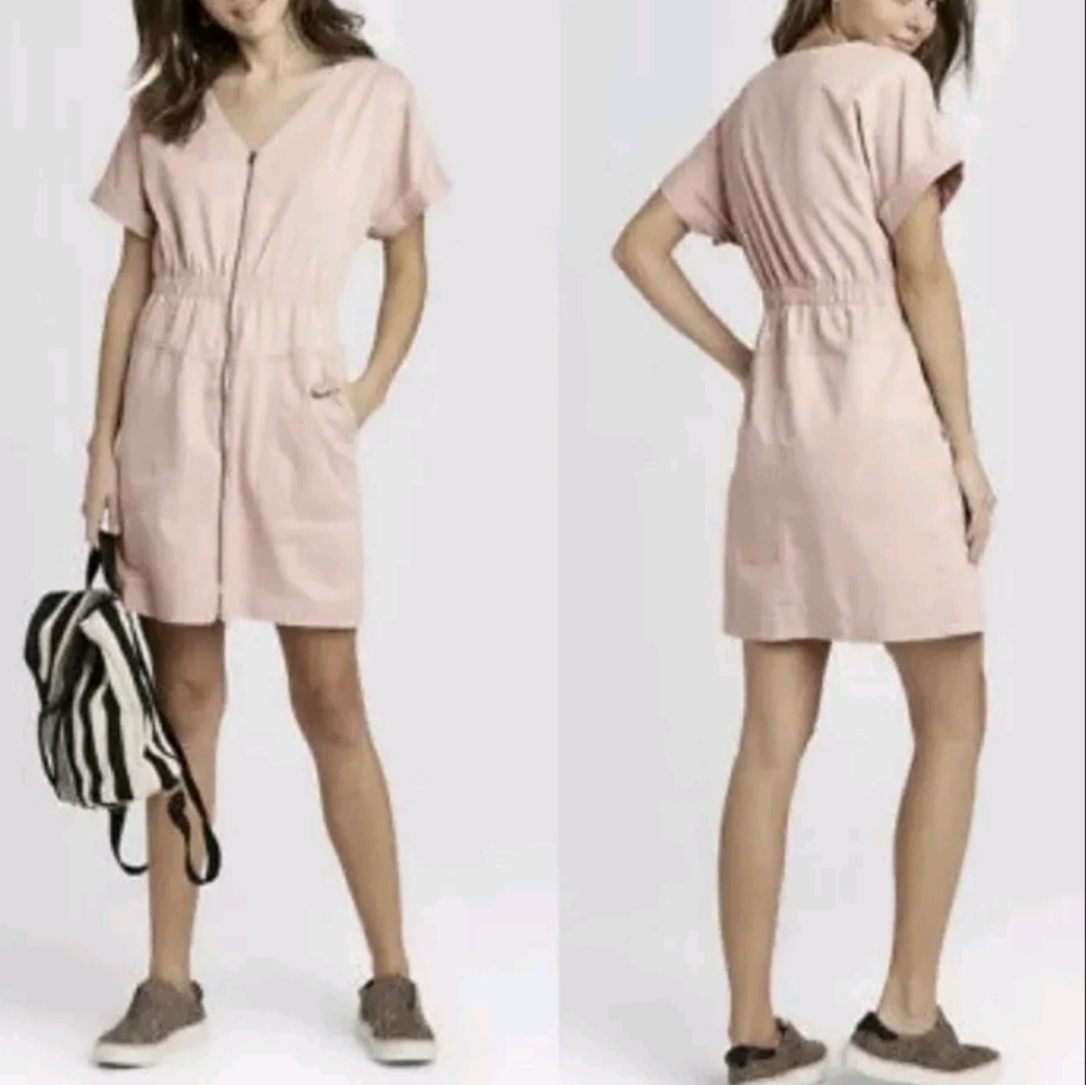 Universal Thread Womens S Cargo Dress Zip Up Elastic Waist Dolman Blush Pink